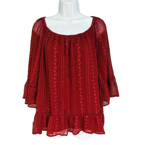 Fever Tops - Fever Red Sheer Quarter Ruffle Sleeve Boho Blouse Womens Size 1X